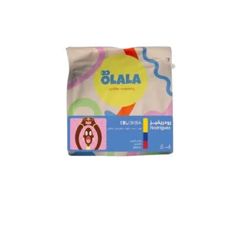 Olala Roastery Colombia Rodriguez coffee bag featuring vibrant design and playful graphics.